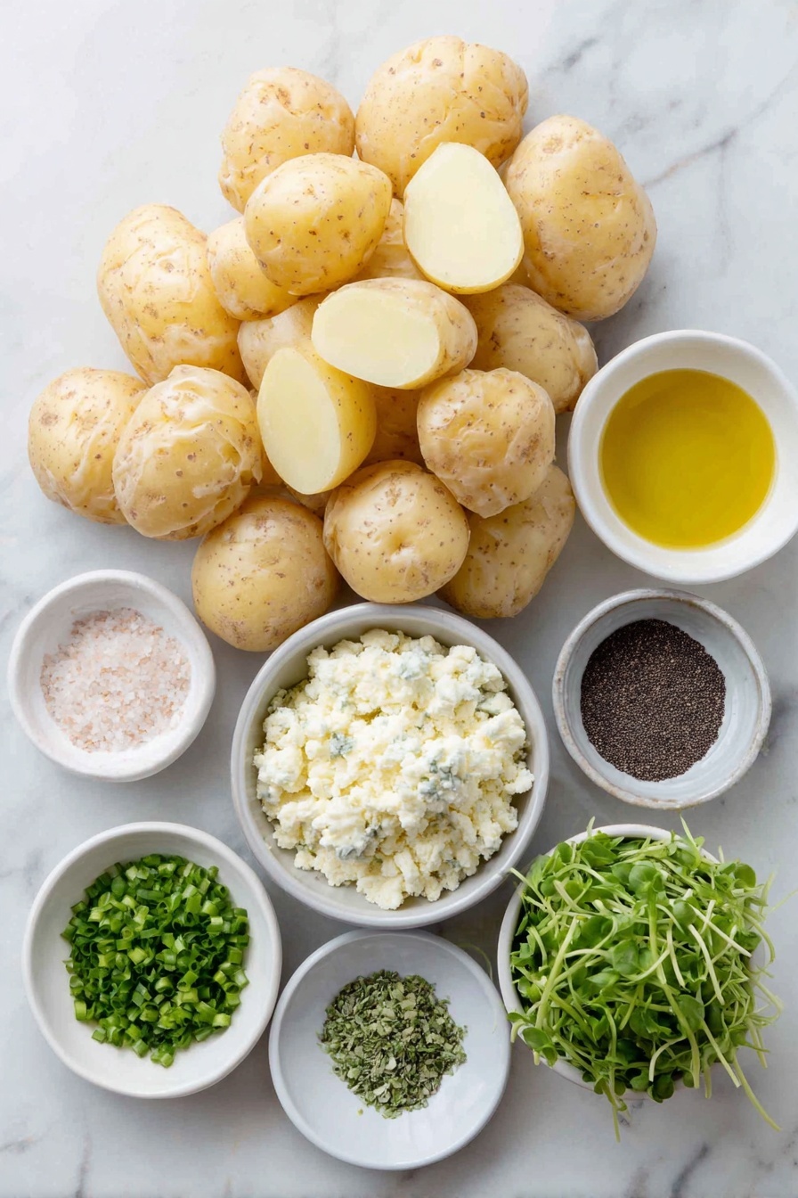 Grilled Gorgonzola Potatoes, grilled potato recipes, how to make gorgonzola potatoes, easy grilled potato side dishes, gourmet potato recipes - Flat lay of halved baby Yukon gold potatoes arranged naturally, a small white bowl of golden olive oil, a small white bowl of coarse salt crystals, a small white bowl of cracked black peppercorns, a small white bowl of pale garlic powder, a small white bowl filled with crumbled creamy blue-veined gorgonzola cheese, a small white bowl of finely chopped bright green chives, a small white bowl containing a mixed blend of chopped fresh herbs including dill, parsley, basil, and oregano, a small white ceramic dish holding a handful of vibrant green arugula microgreens, all placed on a clean white marble surface, soft natural light, photo taken with an iPhone, professional food photography style, fresh ingredients, white ceramic bowls, no bottles, no duplicates, no utensils, no packaging --ar 2:3 --v 7 --p m7354615311229779997