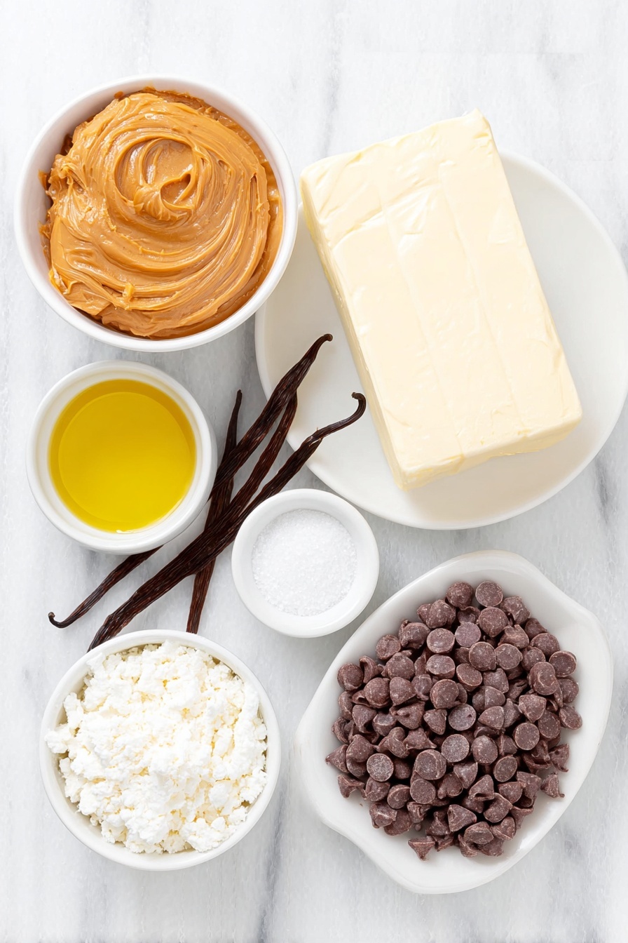 Chocolate Dipped Peanut Butter Buckeyes, peanut butter chocolate dessert, easy buckeyes recipe, homemade buckeyes candies, no-bake peanut butter treats - Flat lay of creamy peanut butter in a small white ceramic bowl, a block of soft cream cheese on a white plate, a few vanilla beans next to a small white bowl of fine salt, a small white bowl filled with powdered sugar, dark chocolate chips neatly piled on a white plate, a small white bowl with golden vegetable oil, all ingredients arranged symmetrically and evenly spaced, placed on a clean white marble surface, soft natural light, photo taken with an iPhone, professional food photography style, fresh ingredients, white ceramic bowls, no bottles, no duplicates, no utensils, no packaging --ar 2:3 --v 7 --p m7354615311229779997