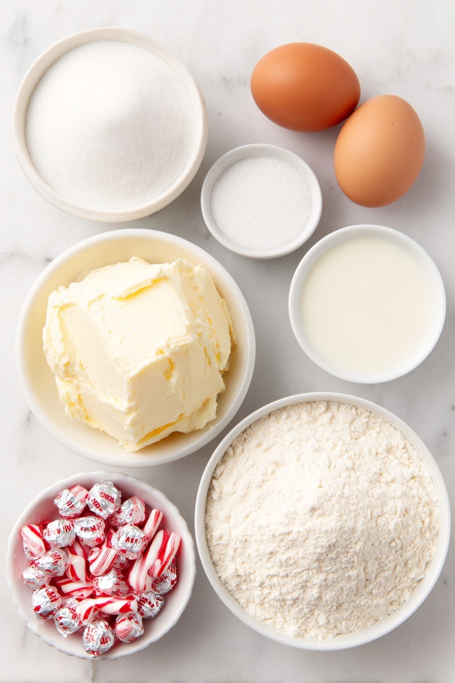 Candy Cane Kiss Cookies, peppermint holiday cookies, festive peppermint cookies, soft chocolate peppermint cookies, easy holiday treat - Flat lay of a small mound of softened unsalted butter, a small white ceramic bowl filled with white granulated sugar, a single large brown egg with a clean shell, a small white bowl of clear vanilla extract, a small white bowl of clear peppermint extract, a neat pile of pale all-purpose flour, a small heap of fine baking soda powder, a small heap of fine salt, a small white bowl with fresh milk, a small white bowl filled with crushed red and white candy cane pieces, and a cluster of shiny red and silver wrapped candy cane Hershey’s Kisses, all arranged with perfect symmetry on a clean white marble surface, soft natural light, photo taken with an iPhone, professional food photography style, fresh ingredients, white ceramic bowls, no bottles, no duplicates, no utensils, no packaging --ar 2:3 --v 7 --p m7354615311229779997