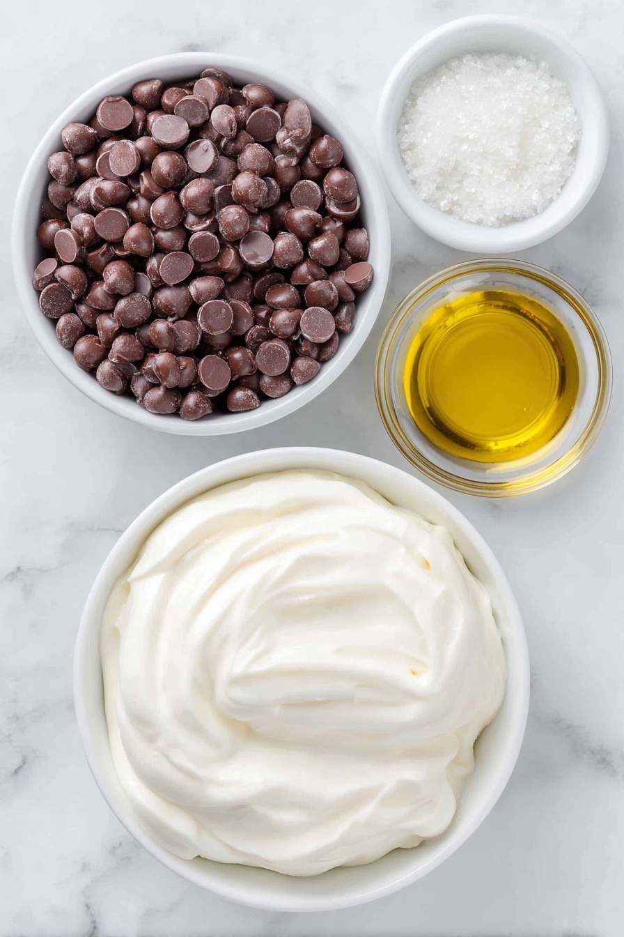 No-Bake Whipped Topping Chocolate Candy, chocolate candy recipe, easy no-bake desserts, quick chocolate treats, whipped topping chocolates - Flat lay of smooth milk chocolate chips scattered beside glossy dark chocolate melting wafers, a small white ceramic bowl filled with creamy thawed whipped topping, a tiny white ceramic bowl holding a clear golden vegetable oil, all arranged symmetrically on a clean white marble surface, soft natural light, photo taken with an iPhone, professional food photography style, fresh ingredients, white ceramic bowls, no bottles, no duplicates, no utensils, no packaging --ar 2:3 --v 7 --p m7354615311229779997