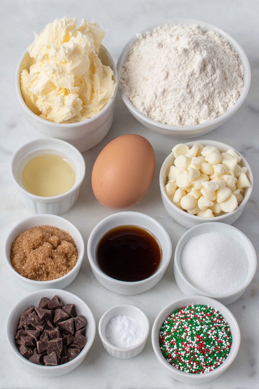 Gingerbread Blondies with White Chocolate Drizzle, holiday gingerbread blondies, festive blondie recipes, chewy gingerbread treats, white chocolate drizzle desserts - Flat lay of a small mound of golden melted butter, a small white ceramic bowl filled with white granulated sugar, a small white ceramic bowl containing packed brown sugar, a small white ceramic bowl with dark amber molasses, a single large whole egg with a clean shell, a small white ceramic bowl of pale golden vanilla extract, a small white ceramic bowl holding fine all-purpose flour, a small white ceramic bowl with ground ginger powder, a small white ceramic bowl with cinnamon powder, a small white ceramic bowl with ground nutmeg, a small white ceramic bowl containing baking soda, a small white ceramic bowl with baking powder, a small white ceramic bowl with fine salt, a small white ceramic bowl filled with white chocolate chips and dark chocolate chips mixed together, a small white ceramic bowl with festive red and green candy color powders, and a small white ceramic bowl with multicolored festive sprinkles—each ingredient fresh and natural, arranged in perfect symmetry on a clean white marble surface, soft natural light, photo taken with an iPhone, professional food photography style, fresh ingredients, white ceramic bowls, no bottles, no duplicates, no utensils, no packaging --ar 2:3 --v 7 --p m7354615311229779997