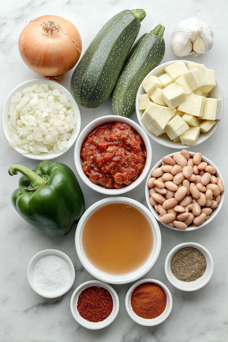 Easy Vegetarian Chili in Slow Cooker, vegetarian chili recipes, slow cooker vegetarian meals, hearty vegetarian dinner, easy plant-based chili - Flat lay of a small whole yellow sweet onion, a few peeled garlic cloves in a small white bowl, one green bell pepper cut in half showing seeds, one jalapeno pepper cut in half showing seeds, a quartered zucchini squash with some pieces diced, a small pile of frozen butternut squash cubes, a small heap of rinsed northern beans, two small white bowls—one with bright red fire-roasted diced tomatoes, one with crushed tomatoes, a small white bowl of golden vegetable broth, three small white bowls each containing a different chili powder blend—chili powder, ancho chili powder, chipotle chili powder, and two small white bowls with ground cumin and kosher salt placed symmetrically, all arranged on a clean white marble surface, soft natural light, photo taken with an iPhone, professional food photography style, fresh ingredients, white ceramic bowls, no bottles, no duplicates, no utensils, no packaging --ar 2:3 --v 7 --p m7354615311229779997