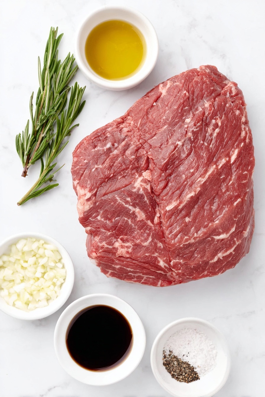 Slow Cooker Roast Beef, easy slow cooker beef, tender roast beef recipe, flavorful beef dinner, effortless slow cooker meal - Flat lay of a whole raw eye of round beef roast with marbling and a deep red color, a small drizzle of golden olive oil in a white ceramic bowl, three fresh green rosemary stalks with needle-like leaves, a small white bowl filled with finely minced fresh garlic, a small white bowl of coarse sea salt crystals, a small white bowl of freshly ground black pepper, and a small white bowl containing dark glossy balsamic vinegar, all items arranged in perfect symmetry and balanced proportions, placed on a clean white marble surface, soft natural light, photo taken with an iPhone, professional food photography style, fresh ingredients, white ceramic bowls, no bottles, no duplicates, no utensils, no packaging --ar 2:3 --v 7 --p m7354615311229779997