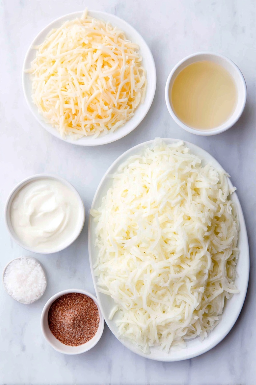 Cheddar Hash Brown Casserole in Slow Cooker, cheesy hash brown casserole, slow cooker breakfast casserole, easy cheesy hashbrown bake, comfort food casserole - Flat lay of a generous mound of shredded frozen hash browns spread loosely on a simple white ceramic plate, a small white bowl filled with pale white all-purpose flour, a neat pile of shredded sharp cheddar cheese with bright golden-orange tones on a white plate, a small white bowl holding clear golden chicken broth, another small white bowl with creamy off-white heavy cream, a small white bowl containing smooth, thick sour cream, a scattering of light brown onion powder beside the bowls, and a small pile of fine white salt crystals—all arranged with perfect symmetry and balanced proportions, placed on a clean white marble surface, soft natural light, photo taken with an iPhone, professional food photography style, fresh ingredients, white ceramic bowls, no bottles, no duplicates, no utensils, no packaging --ar 2:3 --v 7 --p m7354615311229779997