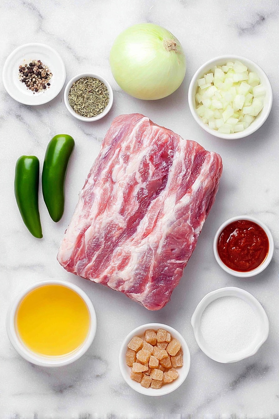 Slow Cooker Carnitas Pork, Carnitas Pork, Easy Pork Tacos, Crockpot Pork, Flavored Pork for Tacos - Flat lay of a fresh, raw pork shoulder roast with a layer of fat, two bright green jalapeño peppers, a whole sweet onion sliced into cubes, a small white ceramic bowl filled with minced fresh garlic, a small white bowl with dried oregano leaves, another small bowl containing chili powder, a small pile of coarse sea salt, a few whole black peppercorns, a small white bowl holding clear chicken broth, a small white bowl with bright orange juice, a small white bowl with pale lime juice, a small white bowl with rich red tomato paste, and a small white bowl with moist brown sugar crystals, all arranged symmetrically and realistically proportioned on a clean white marble surface, soft natural light, photo taken with an iPhone, professional food photography style, fresh ingredients, white ceramic bowls, no bottles, no duplicates, no utensils, no packaging --ar 2:3 --v 7 --p m7354615311229779997