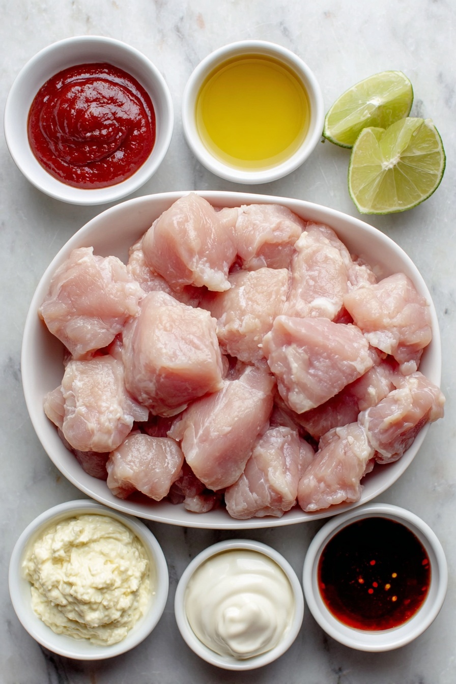 Slow Cooker Honey Sriracha Chicken, Honey Sriracha Chicken, Spicy Sweet Chicken, Easy Slow Cooker Chicken, Sriracha Chicken Recipe - Flat lay of boneless skinless chicken breasts cut into large chunks, a small white bowl of bright red sriracha sauce, a small white bowl of golden honey, a small white bowl of dark soy sauce, a small white bowl with fresh lime juice, a small white bowl of creamy mayo, a small white bowl of thick Greek yogurt, a small white bowl of glossy sweet chili sauce, a small white bowl of deep red hot sauce, placed on a clean white marble surface, soft natural light, photo taken with an iPhone, professional food photography style, fresh ingredients, white ceramic bowls, no bottles, no duplicates, no utensils, no packaging --ar 2:3 --v 7 --p m7354615311229779997