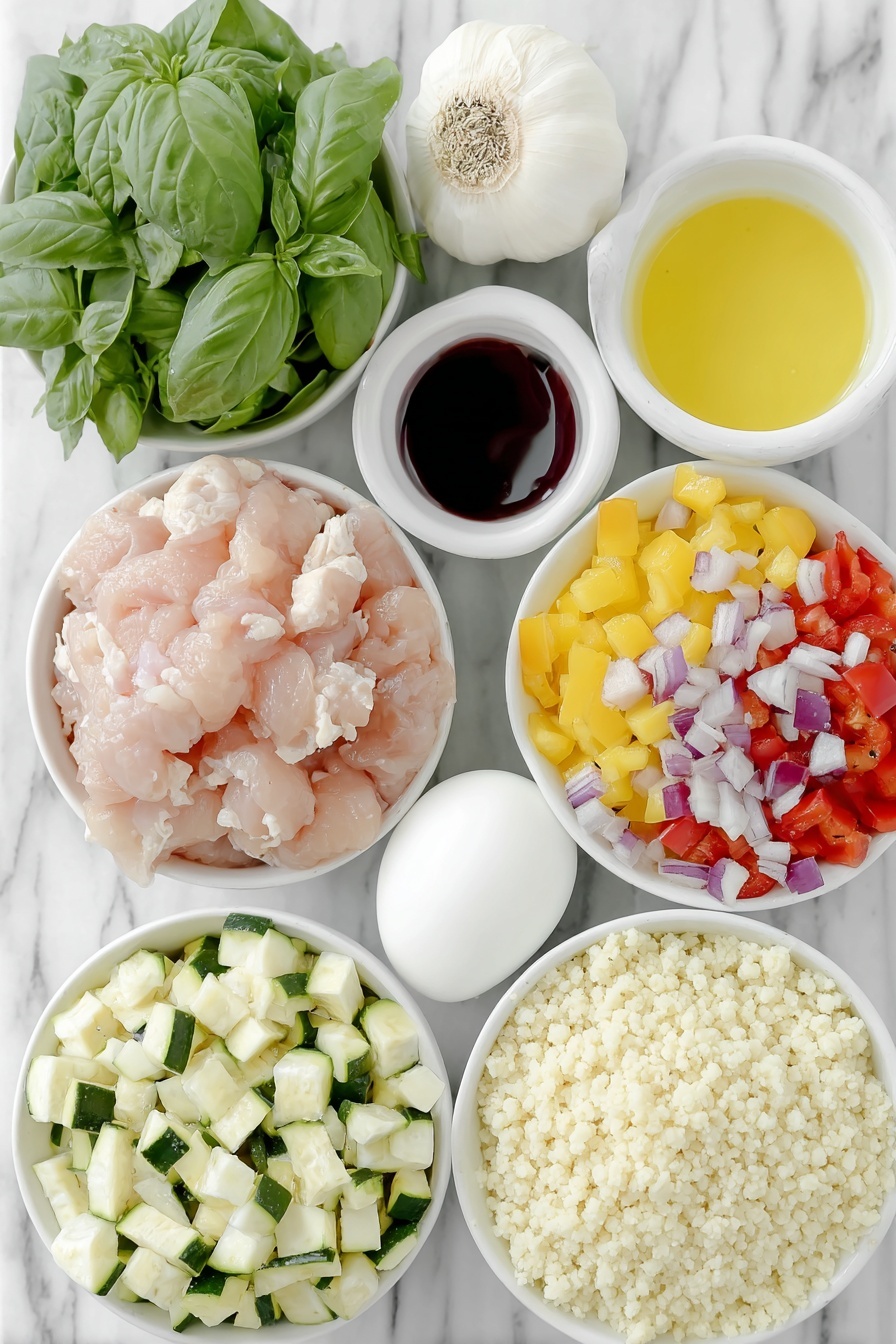 Grilled Chicken Skewers with Basil Couscous, grilled chicken skewers, basil couscous recipe, summer grill recipes, healthy chicken skewers - Flat lay of fresh bright green basil leaves tightly packed, a whole garlic clove with smooth white skin, a small white bowl of vibrant yellow lemon juice, a small white bowl of deep red wine vinegar, a small white bowl of golden olive oil, whole uncracked white eggs with clean shells, raw boneless skinless chicken breast cubes pale pink in color, chopped red bell pepper pieces, chopped yellow and orange bell pepper pieces, chopped deep purple red onion chunks, chopped green zucchini rounds, a small white bowl filled with fluffy cooked couscous grains, a few sprigs of fresh bright green basil scattered on the couscous, all arranged symmetrically in simple white ceramic bowls and plates on a clean white marble surface, soft natural light, photo taken with an iPhone, professional food photography style, fresh ingredients, white ceramic bowls, no bottles, no duplicates, no utensils, no packaging --ar 2:3 --v 7 --p m7354615311229779997